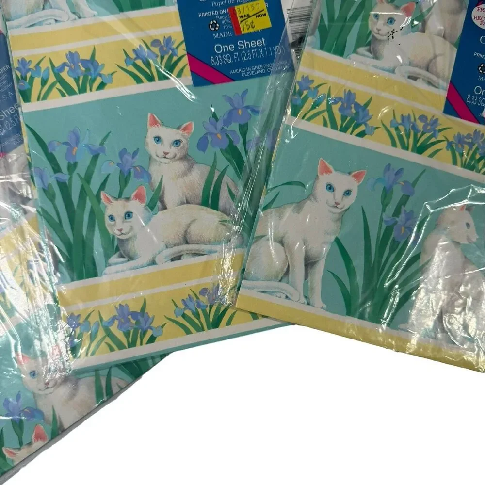 VINTAGE NOS Cat Kitten Sealed Gift Wrap Paper American Greetings USA 3 packs New